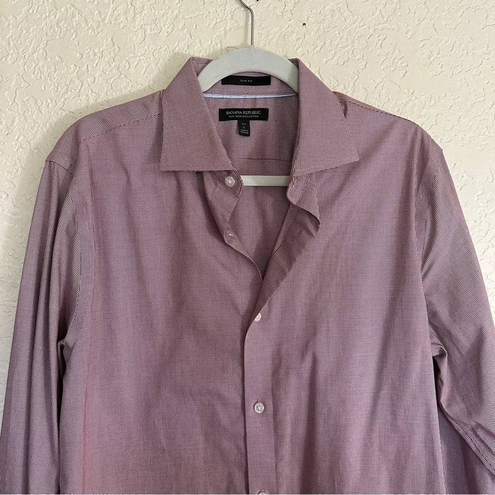 Banana Republic Men's Dress Shirt‎ Non-Iron Burgundy Red Checked Button Down LT